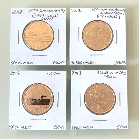 2012, 2012, 2013 and 2013 Canada Special Edition Specimen $1 Dollar Loonies! - Picture 1 of 10
